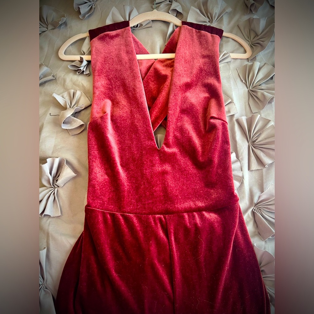 Lulu’s Burgundy Velour Jumpsuit, Size S